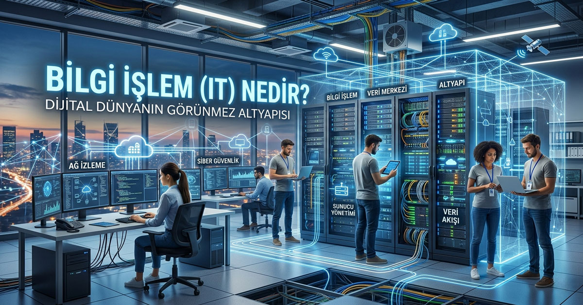 Modern bir veri merkezinde sunucular ve bilgi işlem altyapısını temsil eden illüstrasyon.
