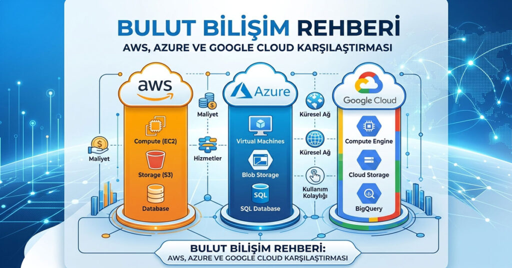 Amazon Web Services, Microsoft Azure ve Google Cloud Platform servislerinin pazar payı ve hizmet karşılaştırmasını gösteren infografik.