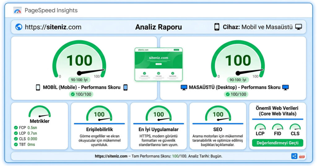 Web sitesi hız testinde Google PageSpeed Insights aracından alınan 100 üzerinden 100 tam performans skoru grafiği.