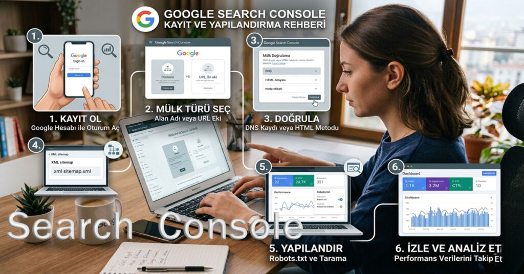 Web sitesi Google Search Console kayıt adımlarını gösteren rehber görseli.