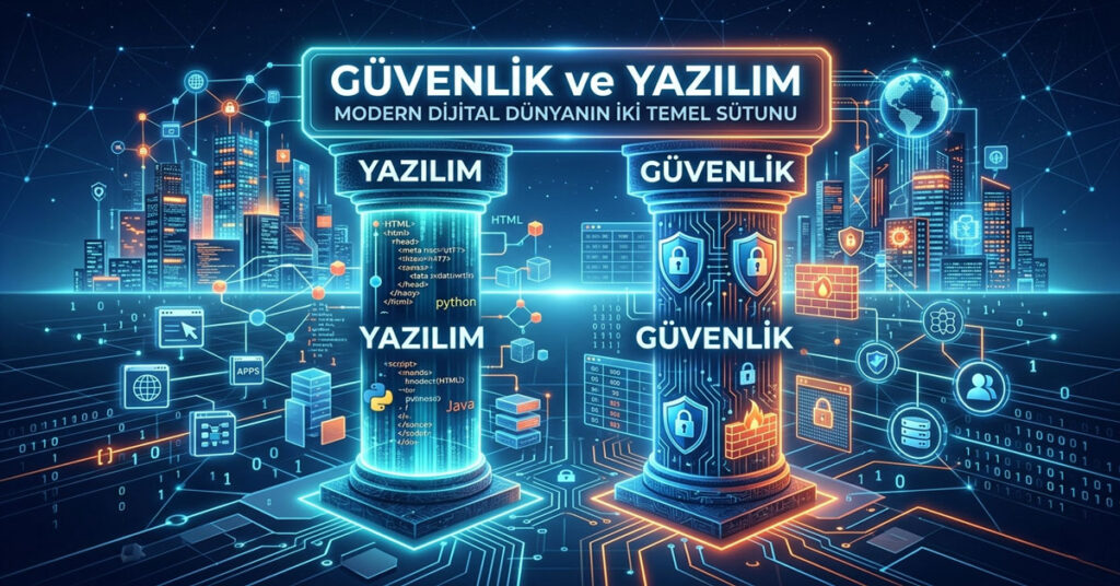 Güvenlik kalkanı ve yazılım kodlarını içeren dijital arka plan üzerinde güvenlik ve yazılım sütunları.