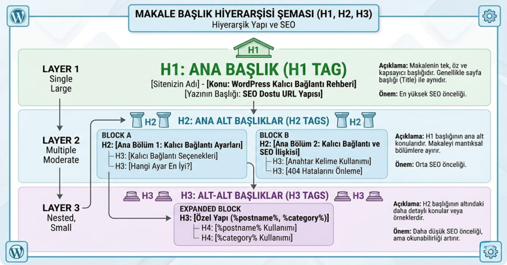 Bir makale içindeki H1, H2 ve H3 başlıklarının hiyerarşik sıralamasını gösteren şematik infografik.