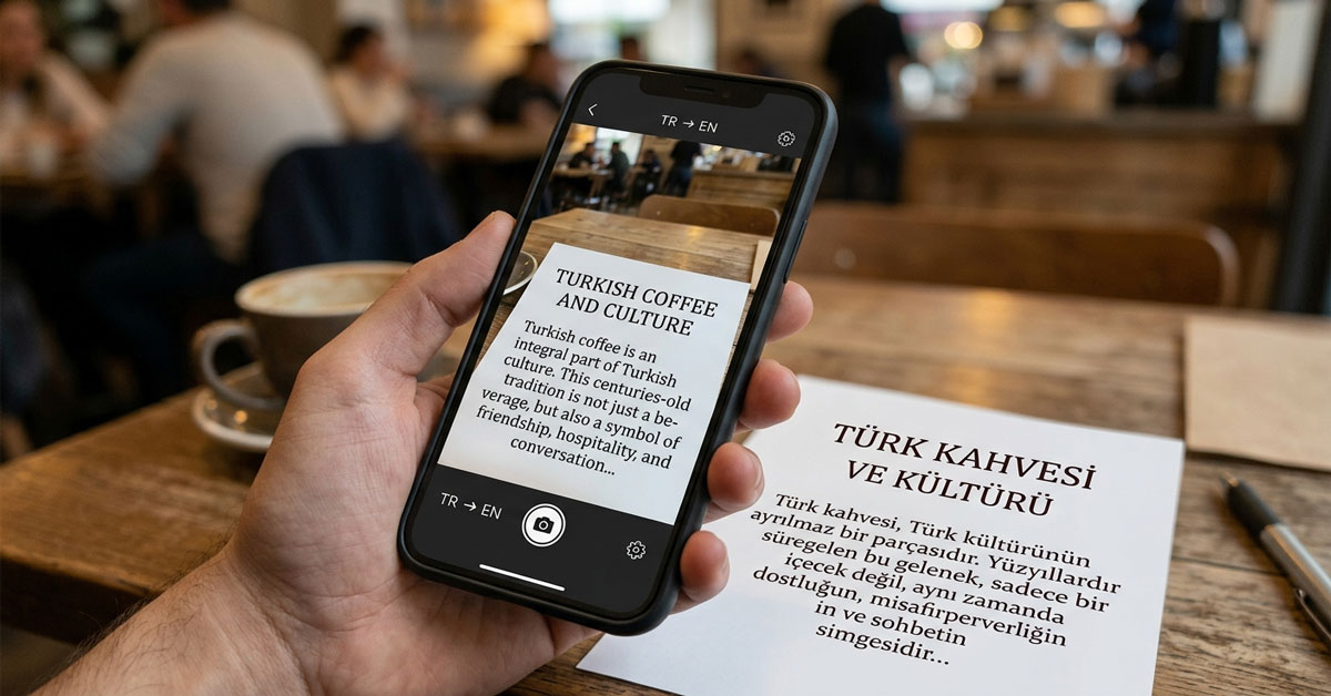 Akıllı telefon kamerasının bir kağıt üzerindeki metni algılayarak, ekran üzerinde orijinal yazı tipini bozmadan anında farklı bir dile çevirdiği artırılmış gerçeklik (AR) görüntüsü.
