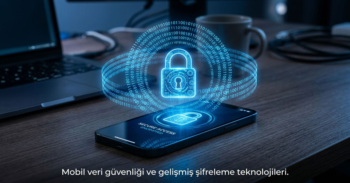 Mavi tonlarda, akıllı telefon üzerinde parlayan dijital kilit ikonu ve etrafında akan ikili kod (0-1) dizileriyle temsil edilen mobil veri güvenliği illüstrasyonu.