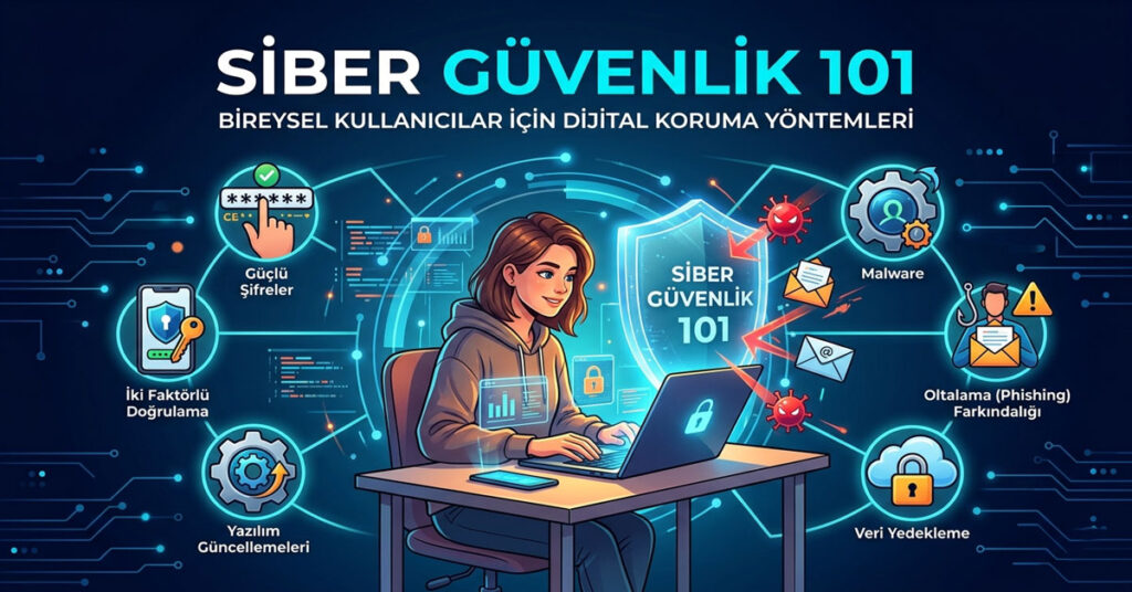 Siber Güvenlik 101 rehberi; şifre güvenliği, 2FA ve oltalama korumasını anlatan infografik.