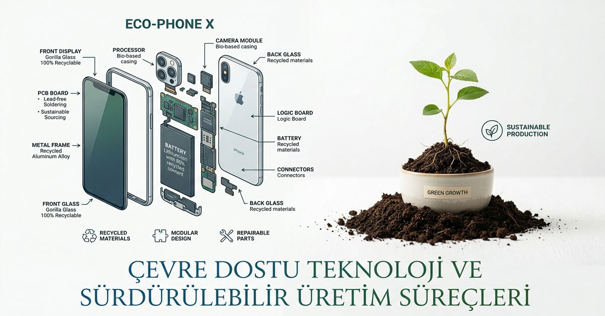 Beyaz bir arka plan üzerinde, parçalarına ayrılmış bir akıllı telefonun teknik çizimi ve hemen yanında topraktan filizlenen yeşil genç bir fidanın birleşimi.