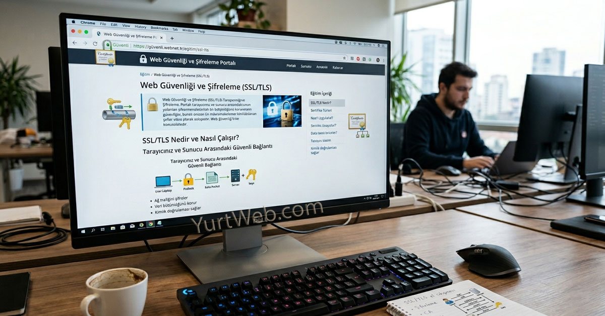 SSL/TLS protokolü ile şifrelenmiş bir internet bağlantısını temsil eden yeşil asma kilit simgesi ve dijital veri akışı.