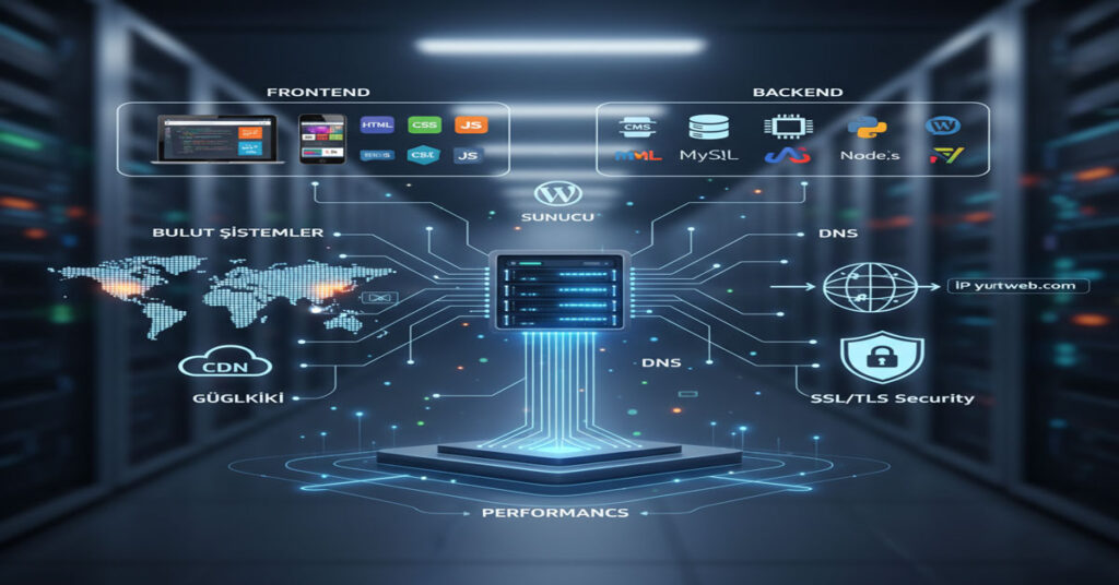 Modern web sistemleri, sunucu altyapısı ve yazılım katmanları infografik şeması