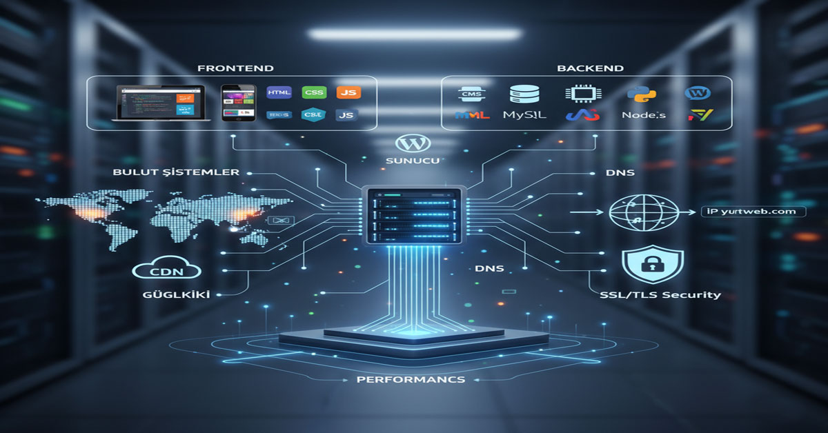 Modern web sistemleri, sunucu altyapısı ve yazılım katmanları infografik şeması