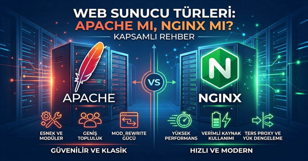Apache ve Nginx web sunucularının karşılaştırmalı analizi ve logolarını içeren kapak görseli.