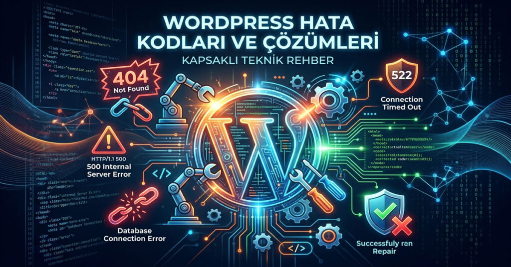 WordPress hata kodları (404, 500, 503) ve çözüm yöntemlerini gösteren infografik teknik rehber.