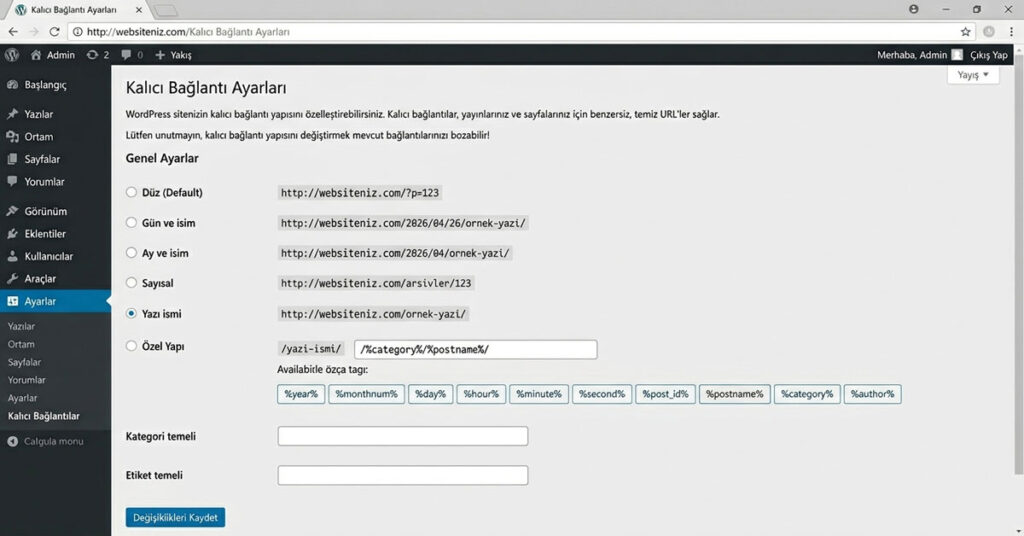 WordPress yönetim paneli kalıcı bağlantı (permalink) ayarları sayfası ekran görüntüsü.