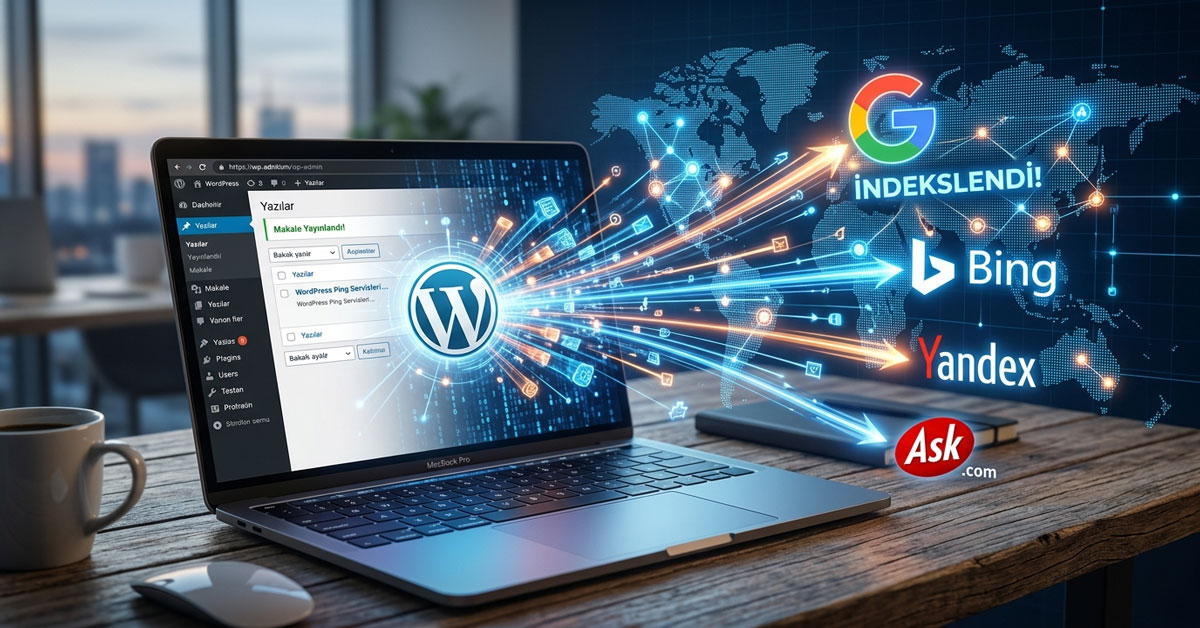 WordPress ping servisleri ile hızlı indeks alma illüstrasyonu.