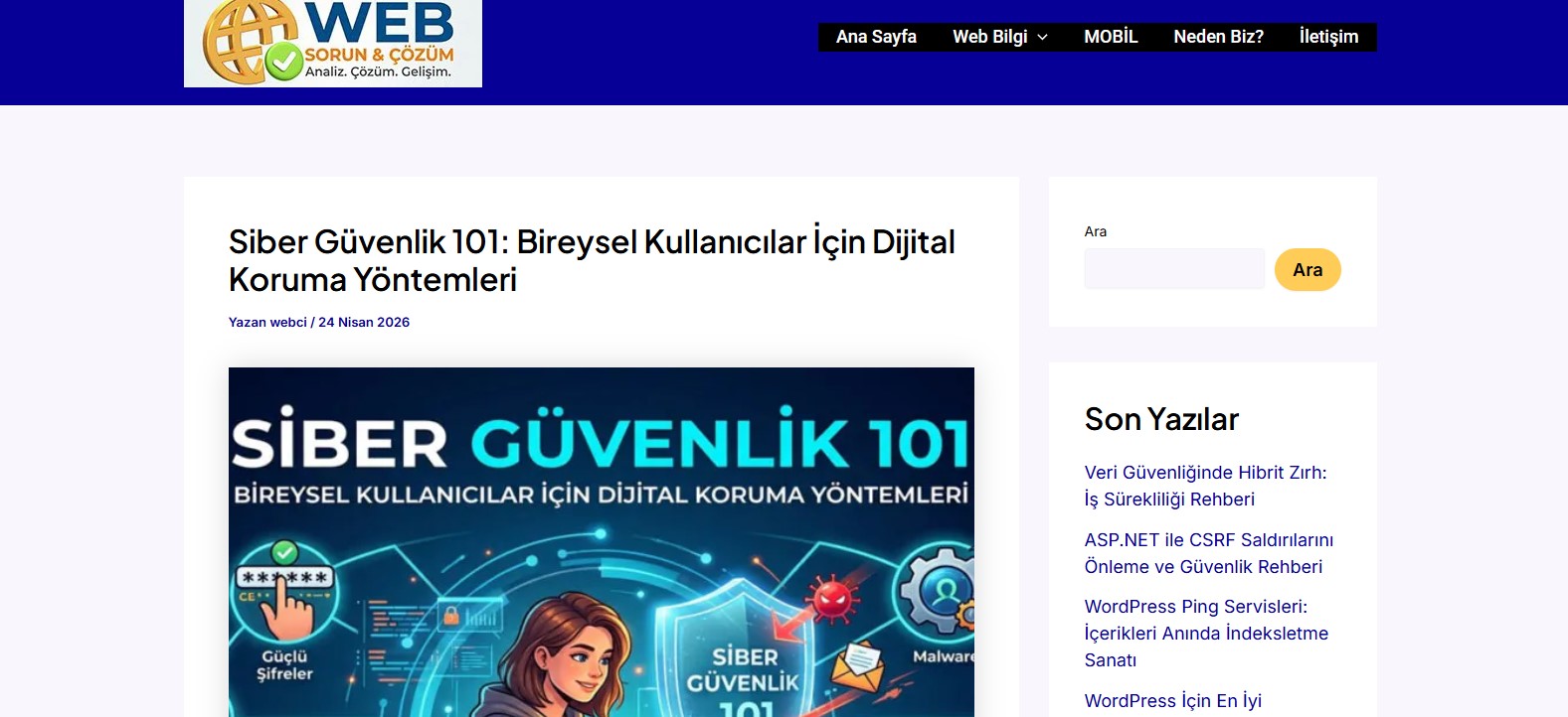YurtWeb Bilgi İşlem kategorisinde yayınlanan Siber Güvenlik 101 dijital koruma rehberi ve blog yazısı görseli.