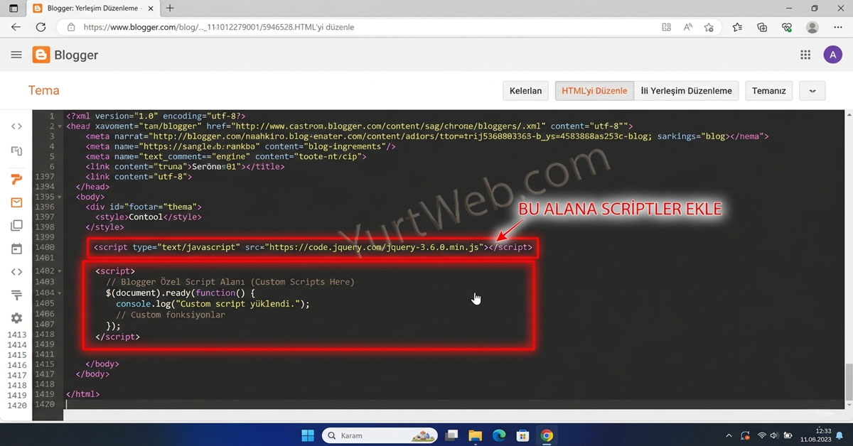 Blogger tema HTML kodlarında body etiketiöncesinde script kodunun nereye ekleneceğini gösteren vurgulanmış ekran görüntüsü.
