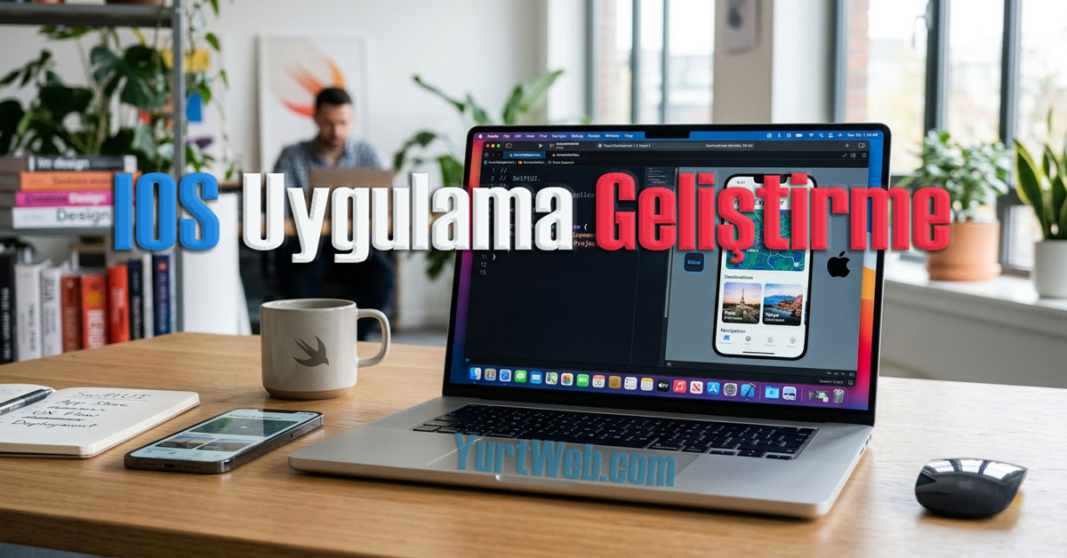 Modern bir ofis masasında Apple MacBook Pro üzerinde Xcode ile IOS uygulama geliştirme süreci, kodlama ekranı ve uygulama arayüzü tasarımı.
