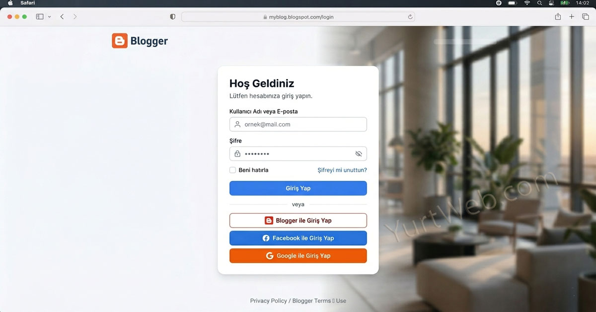 Kullanıcı adı, şifre alanları ve sosyal medya butonları içeren, minimalist tasarıma sahip örnek bir web giriş ekranı.