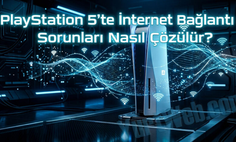 Mavi ışıklı bir ortamda PlayStation 5 konsolu ve dijital ağ simgeleri.