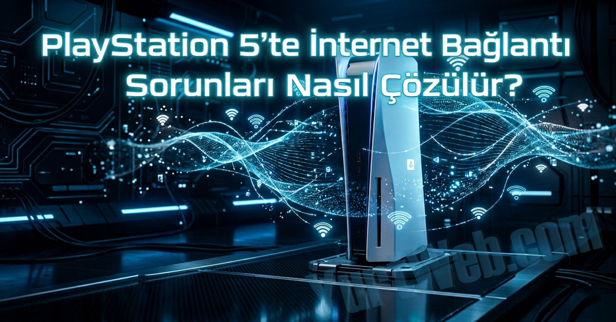 Mavi ışıklı bir ortamda PlayStation 5 konsolu ve dijital ağ simgeleri.
