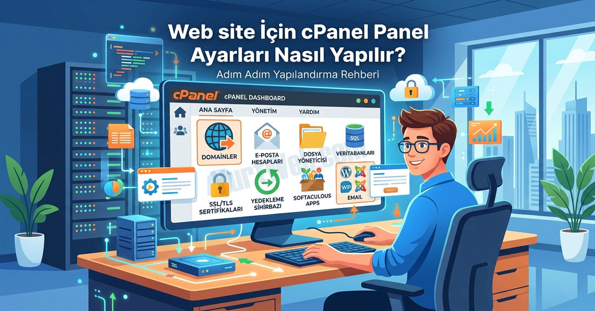 Web site için cPanel üzerinden ayarlamaların nasıl yapıldığını gösteren bir şema.