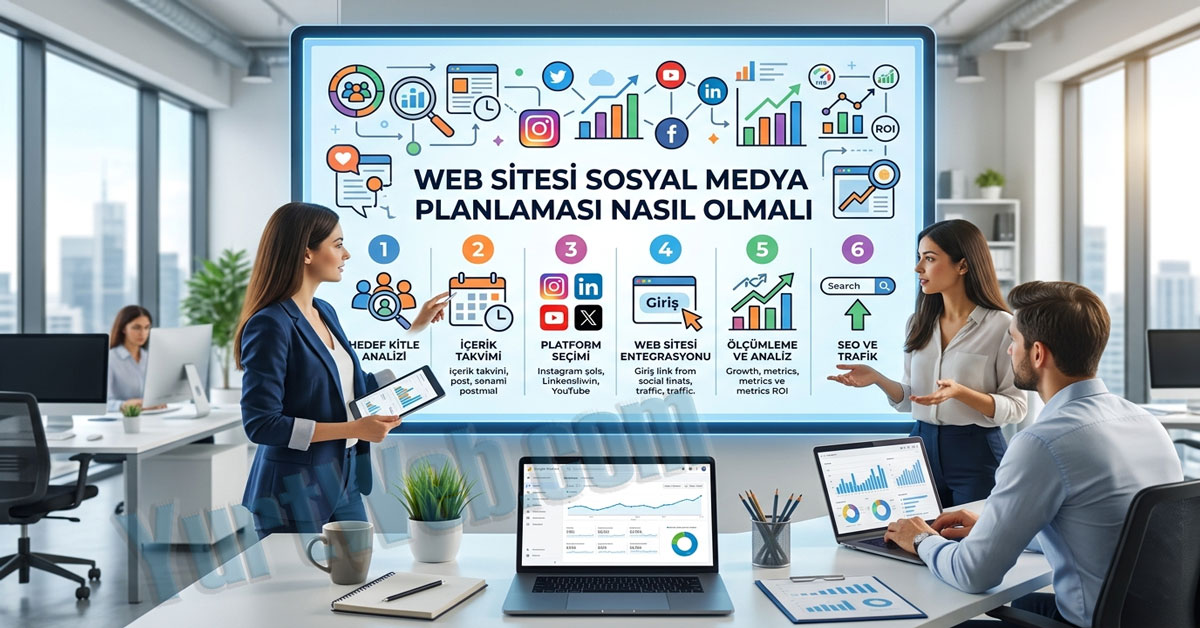 Ofis ortamında bir ekibin dijital ekran üzerindeki sosyal medya pazarlama stratejisi ve web sitesi trafik artırma adımlarını incelemesi.
