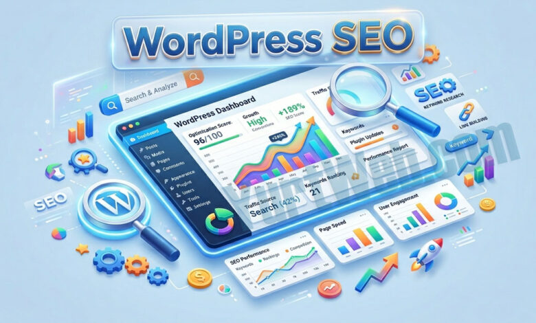 WordPress SEO geliştirme tekniklerini ve yükseliş grafiklerini gösteren illüstrasyon.