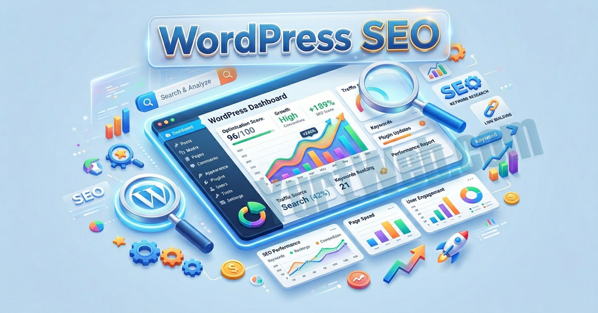 WordPress SEO geliştirme tekniklerini ve yükseliş grafiklerini gösteren illüstrasyon.