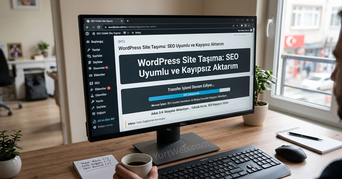 Bulut simgeleri ve veri transfer okları ile betimlenmiş, kayıpsız WordPress site taşıma ve SEO uyumlu hosting aktarımı illüstrasyonu.